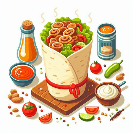 Mexican food isometric composition with taco tortilla sauce and ingredients vector illustrationのイラスト素材