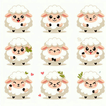 Set of cute sheep with different emotions on white background. Vector illustration.のイラスト素材