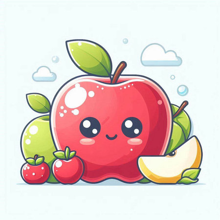 Cute kawaii apple fruit character vector illustration. Funny apple fruit character.のイラスト素材
