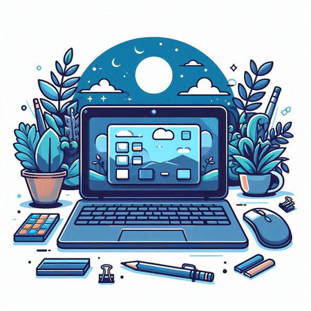 Laptop computer with graphic design elements on screen. Vector illustration.のイラスト素材