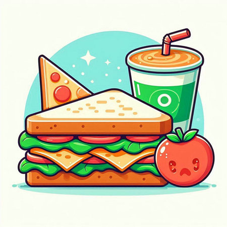 Fast food. Vector illustration of a sandwich with tomato and soda.のイラスト素材