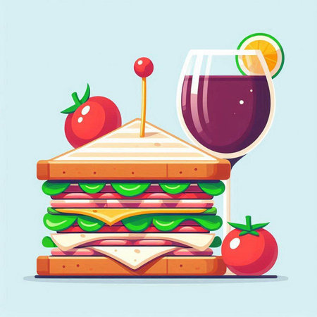 Sandwich with a glass of juice. Vector illustration in flat styleのイラスト素材