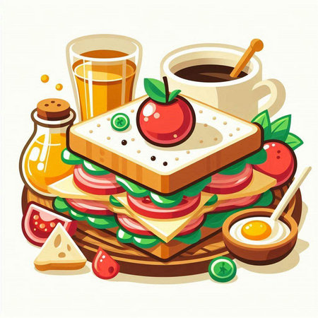 Breakfast. Vector illustration of a sandwich with cheese, ham, tomato, lettuce, cucumber, orange juice and coffee.のイラスト素材