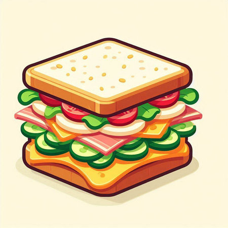 Sandwich with ham, cheese, tomato and cucumber. Vector illustrationのイラスト素材