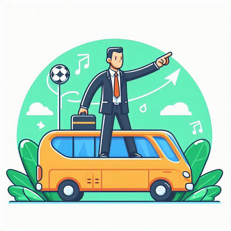 Businessman with suitcase on the roof of a car. Vector illustrationのイラスト素材