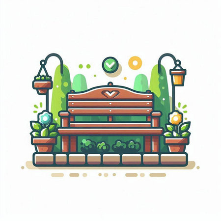 Vector illustration of wooden bench in the garden. Line art style.のイラスト素材