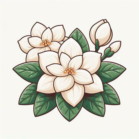 Illustration of white flowers with green leaves on a white background.のイラスト素材