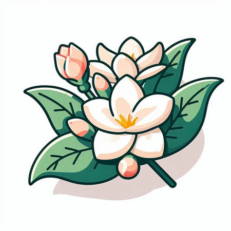 Illustration of a white flower with green leaves on a white backgroundのイラスト素材