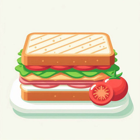 Sandwich with ham, cheese, tomato and lettuce. Vector illustration.のイラスト素材