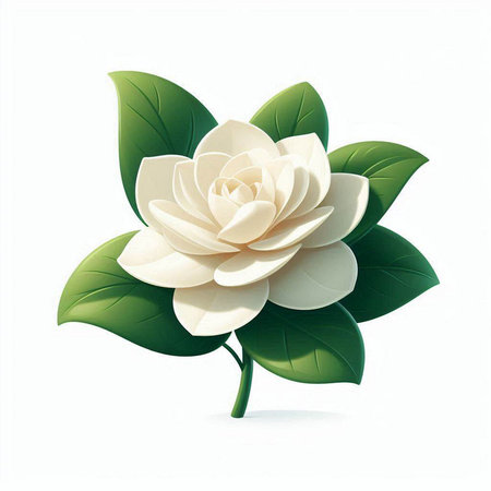 White camellia flower with green leaves isolated on white background.のイラスト素材