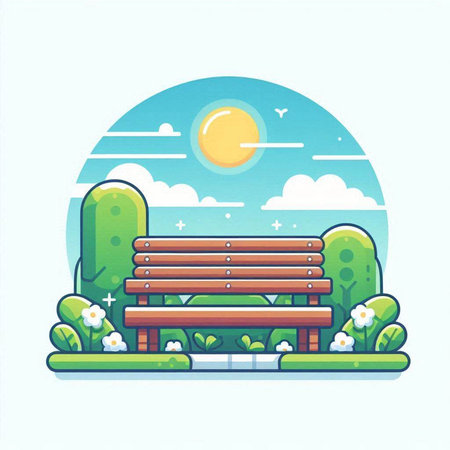 Wooden bench in the park. Vector illustration in flat style.のイラスト素材