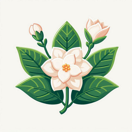 Illustration with white jasmine flowers and green leaves on white backgroundのイラスト素材