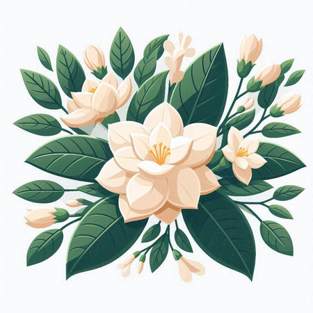 Jasmine flower with leaves isolated on white background. Vector illustration.のイラスト素材