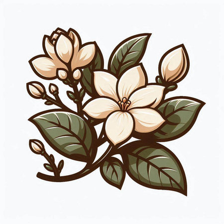 Illustration of jasmine flowers with leaves on a white backgroundのイラスト素材