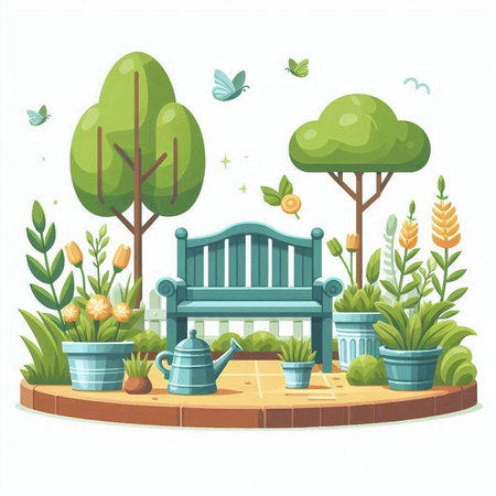 Vector illustration of a garden with a bench, plants, flowers and butterfliesのイラスト素材