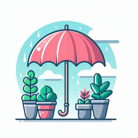 Umbrella and potted plants. Flat style vector illustration.のイラスト素材