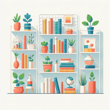 Bookshelf with books and potted plants. Vector illustration.のイラスト素材
