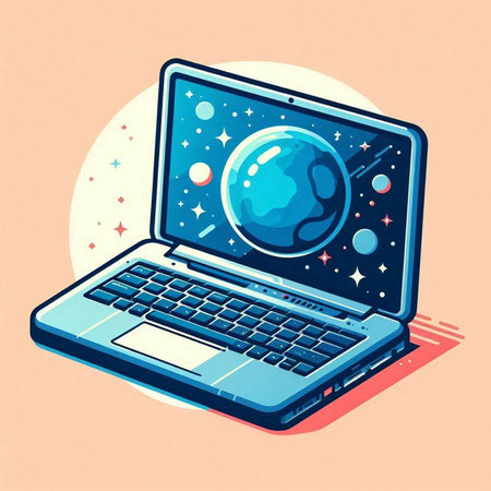 Laptop with planet on the screen. Vector illustration in retro style.のイラスト素材