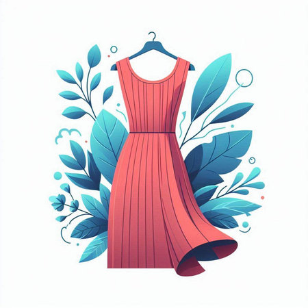 Women's dress on a hanger with leaves. Vector illustration.のイラスト素材