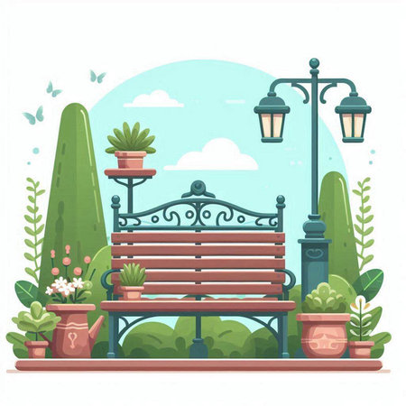 Bench in the garden. Vector illustration in flat cartoon style on white background.のイラスト素材
