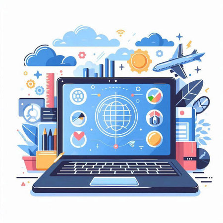 Laptop computer with social media icons. Flat design vector illustration.のイラスト素材