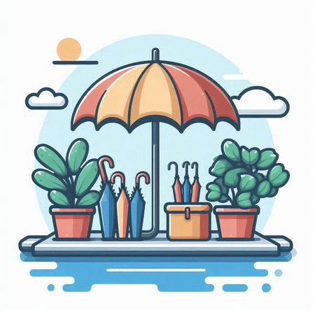 Flat design vector illustration concept of houseplants and umbrella.のイラスト素材