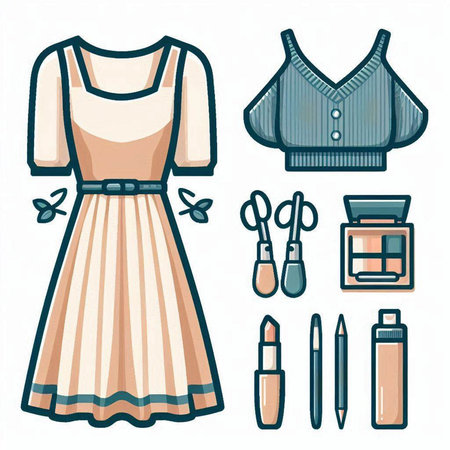 Set of women's clothing and accessories. Vector illustration in flat style.のイラスト素材
