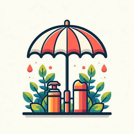 Illustration of sunscreen bottle, sun umbrella and leaves. Vector illustrationのイラスト素材