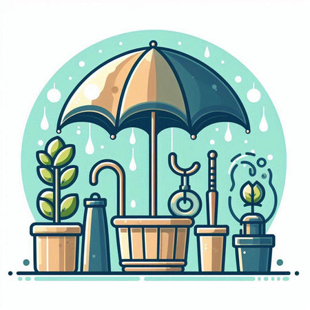 Vector illustration of an umbrella, watering can, garden tools and plants. Flat style.のイラスト素材
