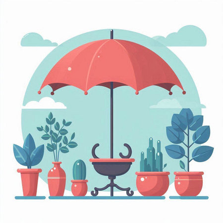 Flat design vector illustration concept of home garden with flower pots and umbrella.のイラスト素材