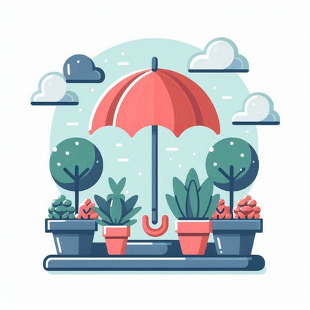 Umbrella and plants in pots. Flat style vector illustration.のイラスト素材