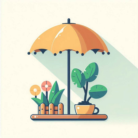 Flat design modern vector illustration icon of coffee shop with umbrella and plantsのイラスト素材
