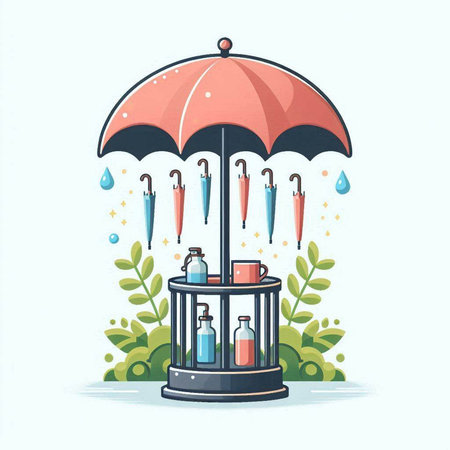 Umbrella and water drops in cartoon style. Vector illustration.のイラスト素材