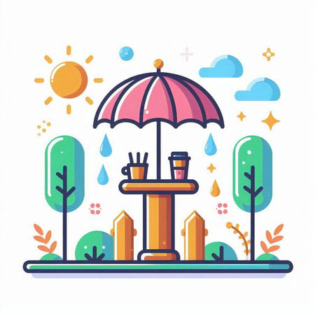 Coffee table with umbrella in the park. Vector illustration.のイラスト素材