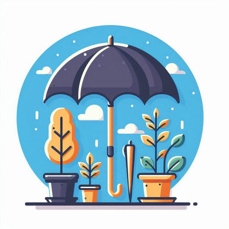 Umbrella and potted plants. Flat style vector illustration.のイラスト素材