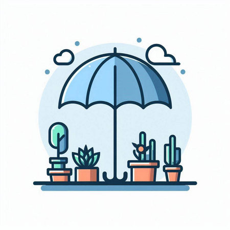 Umbrella and cactus in pots. Flat style vector illustration.のイラスト素材