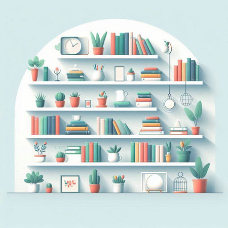 Bookshelf with books and decorations. Vector illustration in flat styleのイラスト素材