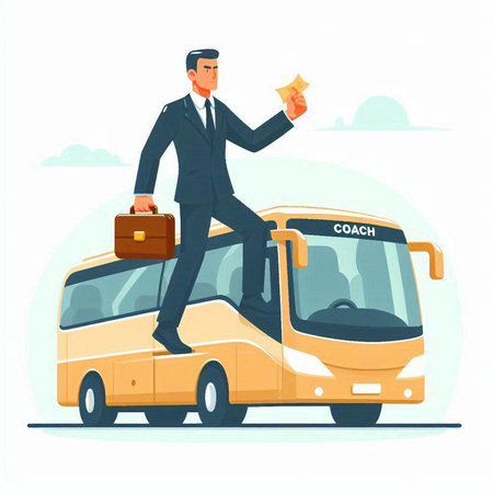 Businessman with briefcase standing on the bus. Vector illustration.のイラスト素材