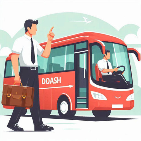 Businessman and bus. Vector illustration in flat style. Business concept.のイラスト素材