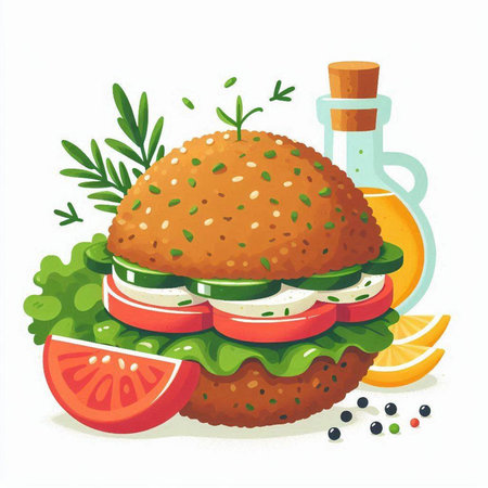 Big hamburger with tomato, cucumber and herbs. Vector illustration.のイラスト素材