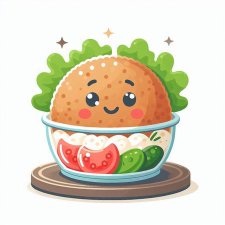 Funny kawaii fried chicken with salad. Vector illustration.のイラスト素材