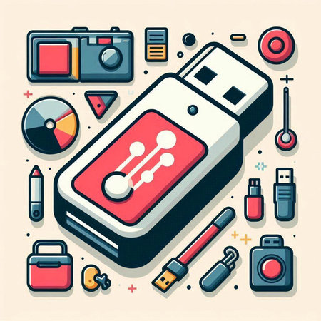 Vector illustration in flat line art style - USB flash drive, camera and other accessories.のイラスト素材