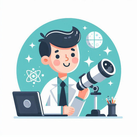 Vector illustration of a man with a telescope. Flat style design.のイラスト素材