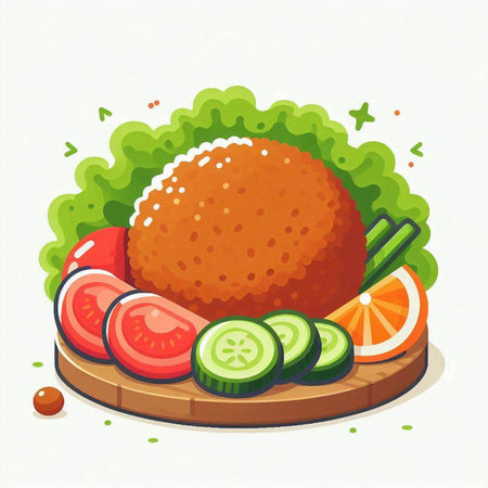 Fried chicken meat with vegetables on a wooden board. Vector illustration.のイラスト素材