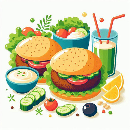 Fast food vector illustration. Hamburger, cheeseburger, tomato, cucumber, yogurt and juice.のイラスト素材