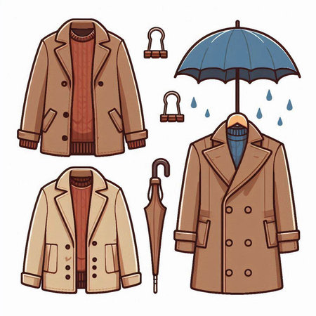 Vector illustration of a beige coat with umbrella and rain drops.のイラスト素材