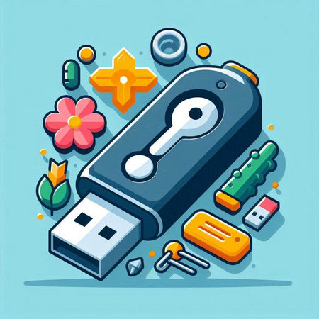 Vector illustration in flat design style of USB flash drive with colorful icons.のイラスト素材