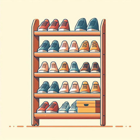 Retro style vector illustration of a shoe store shelf with shoes.のイラスト素材