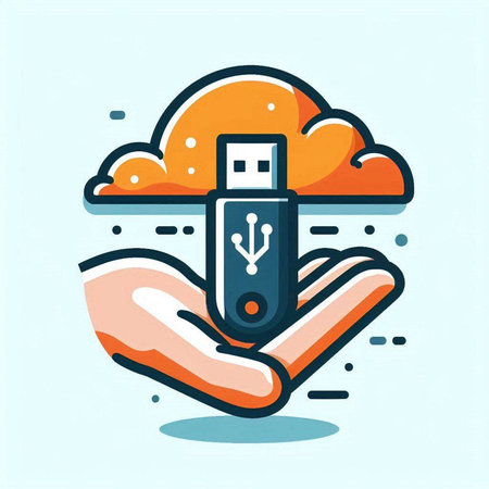 Hand holding USB flash drive with cloud computing concept. Vector illustration.のイラスト素材