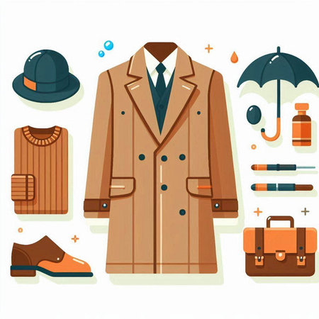 Vector illustration of a men's coat and accessories. Fashion and style.のイラスト素材